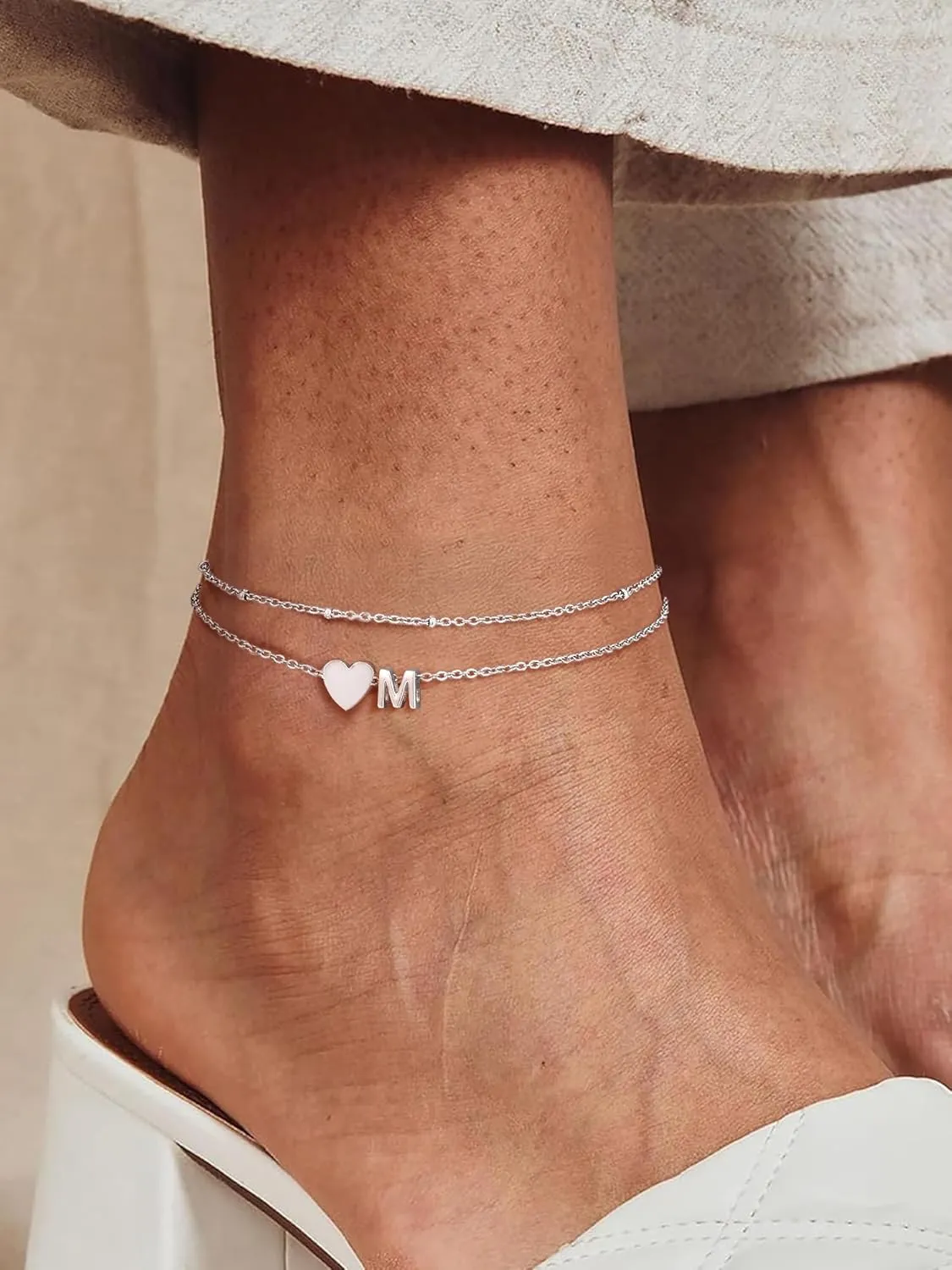 Initial Ankle Bracelets for Women, Dainty Stainless Steel Letter A-Z Layered Anklets, Heart Ankle Bracelet 8.5"-10.5" Adjustable, Summer Beach Jewelry, Come with Box