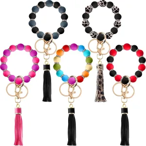 JaGely 5 Pieces Silicone Key Ring Bracelet for Women, 5 Styles Elastic Beaded Wristlet Keychain Key Holder with Zircon and Tassel