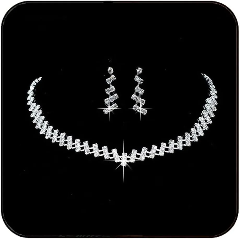 JAKAWIN Rhinestone Bridal Necklace Earring Set Silver Crystal Bride Jewelry Set Wedding Party Prom Jewelry for Women (Pack of 3) NK316