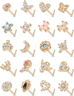 JeryWe 20 Pcs 20G Nose Rings Studs for Women Stainless Steel L Shaped Nose Studs Heart Butterfly Flower Snowflake Crown Wing CZ Nose Piercing Jewelry Silver Rose Gold