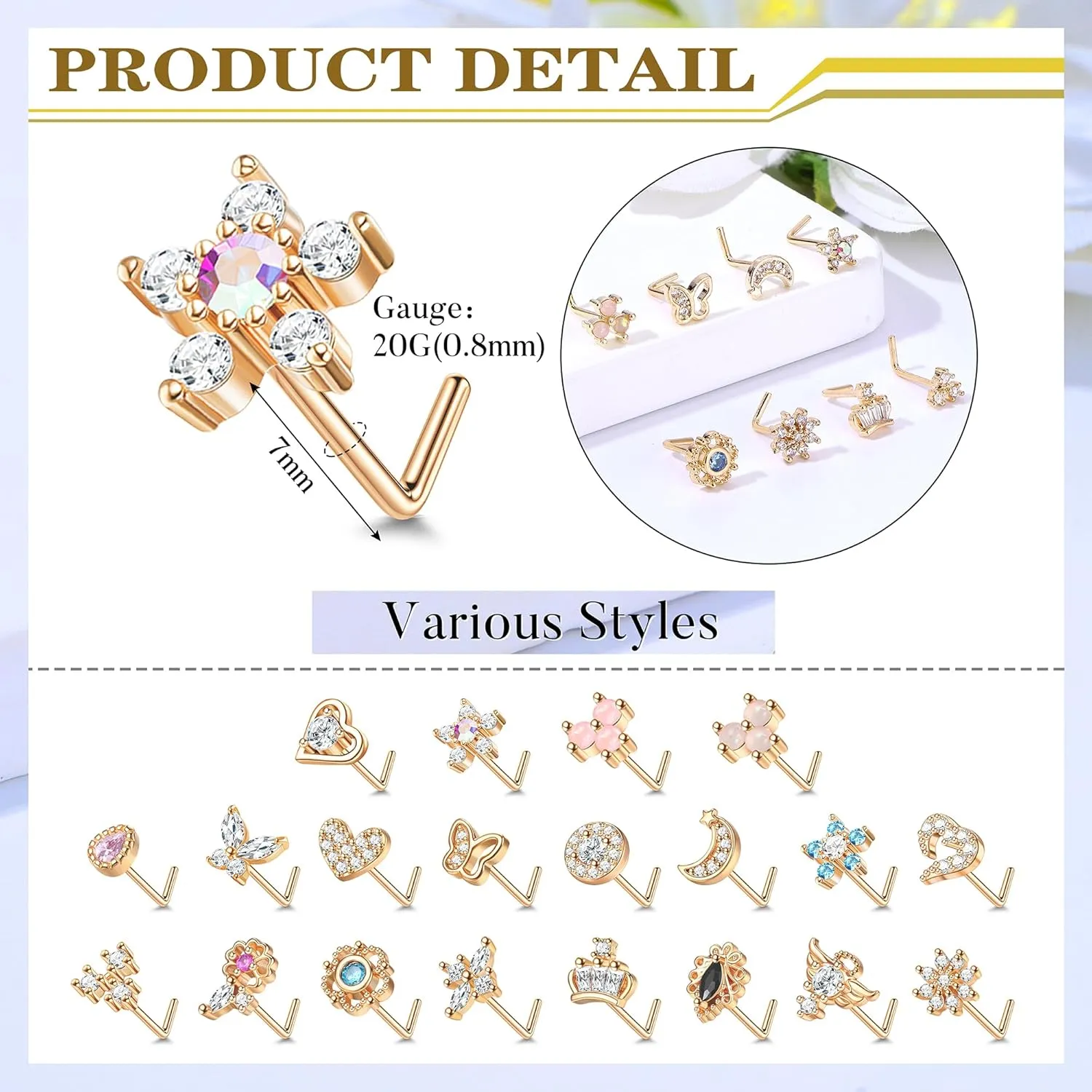 JeryWe 20 Pcs 20G Nose Rings Studs for Women Stainless Steel L Shaped Nose Studs Heart Butterfly Flower Snowflake Crown Wing CZ Nose Piercing Jewelry Silver Rose Gold
