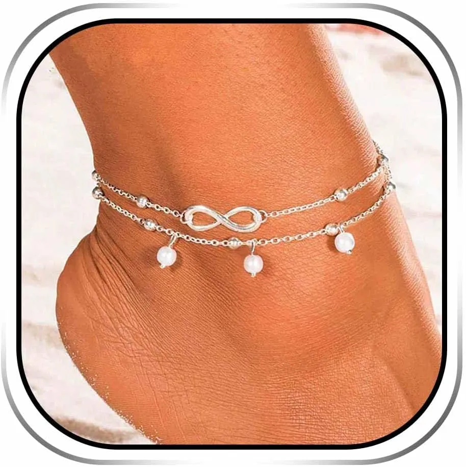 JEWEKY Boho Layered Crystal Anklets Silver Rhinestone Ankle Bracelets Chain Beach Foot Jewelry for Women and Girls