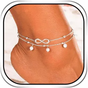 JEWEKY Boho Layered Crystal Anklets Silver Rhinestone Ankle Bracelets Chain Beach Foot Jewelry for Women and Girls