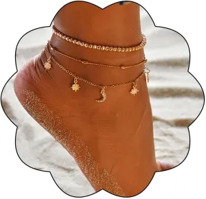 Jeweky Boho Three Layered Beaded Ankle Bracelets Gold Moon Summer Beach Anklet Chain for Women