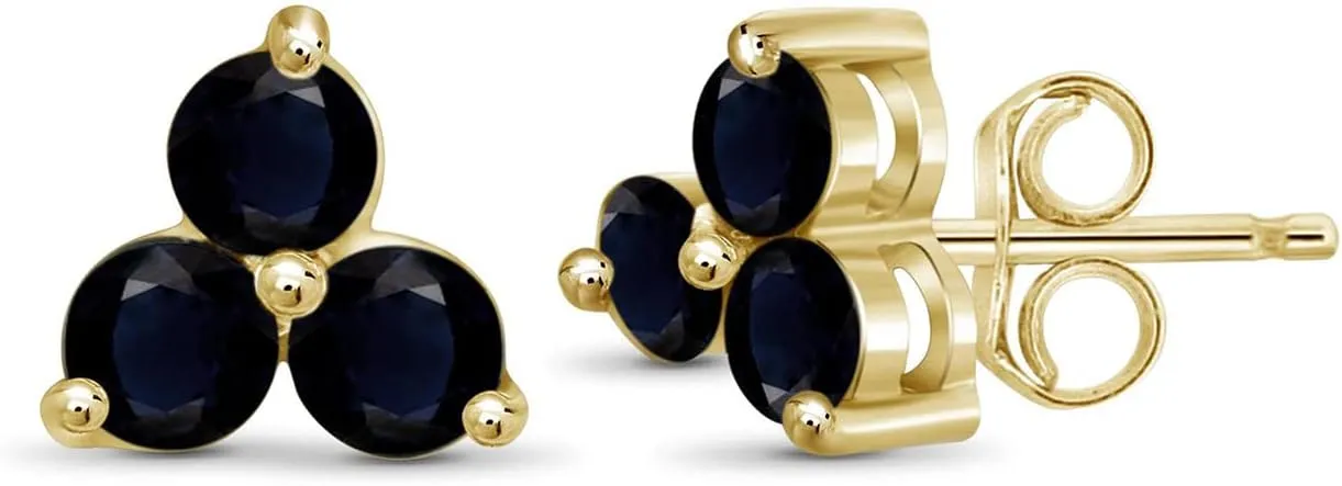 JEWELEXCESS 0.90 CTW Sapphire Gemstone Three-Stone Stud Earrings  14k Gold-Plated Silver (.925) Hypoallergenic Studs for Women  Oval Cut Set with Push Backs
