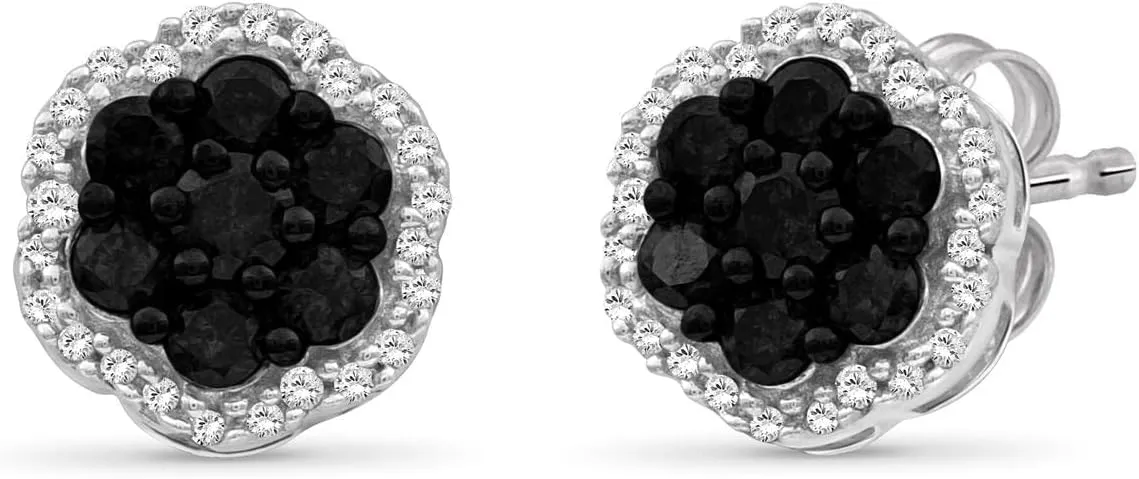 JEWELEXCESS 1.00 Carat Black & White Diamond Cluster Stud Earrings  Sterling Silver (.925)| Hypoallergenic Studs for Women - Round Cut Set with Push Backs
