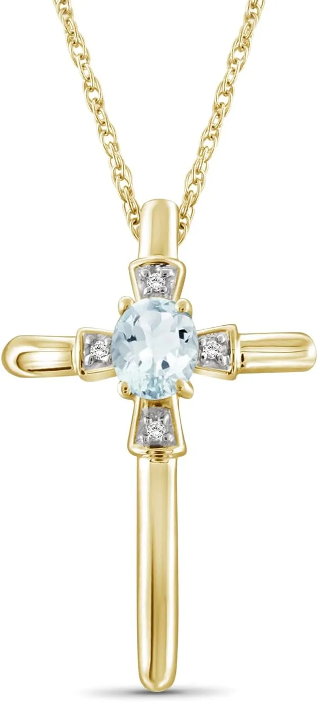 JEWELEXCESS Gold Cross Necklaces for Women  14k Gold Cross Necklace for Women Gold Over Silver Cross  0.22 CTW Aquamarine Necklace Centerpiece, White Diamond Accents  Hypoallergenic Cross Pendant