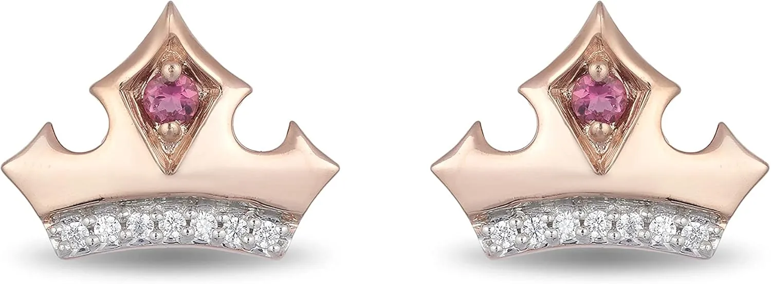 Jewelili Enchanted Disney Fine Jewelry 10K Rose Gold 1/20 CTTW Pink Topaz Aurora Tiara Earrings