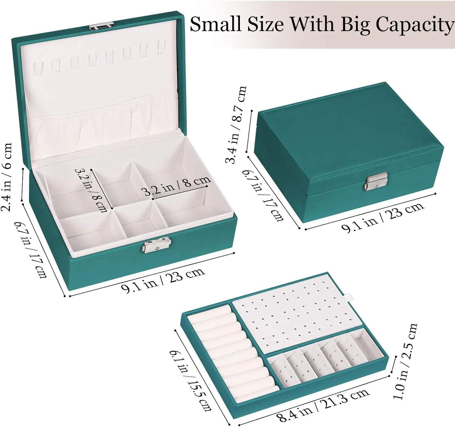 Jewelry Box for Women Girls, 2 Layers Jewelry Organizer Container with Lock, PU Leather Storage Case with Removable Tray, Jewelry Display Box for Necklaces Earrings Bracelets Rings Watches (Green)