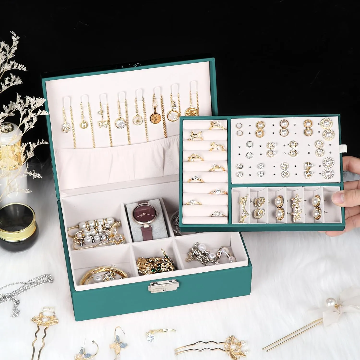 Jewelry Box for Women Girls, 2 Layers Jewelry Organizer Container with Lock, PU Leather Storage Case with Removable Tray, Jewelry Display Box for Necklaces Earrings Bracelets Rings Watches (Green)