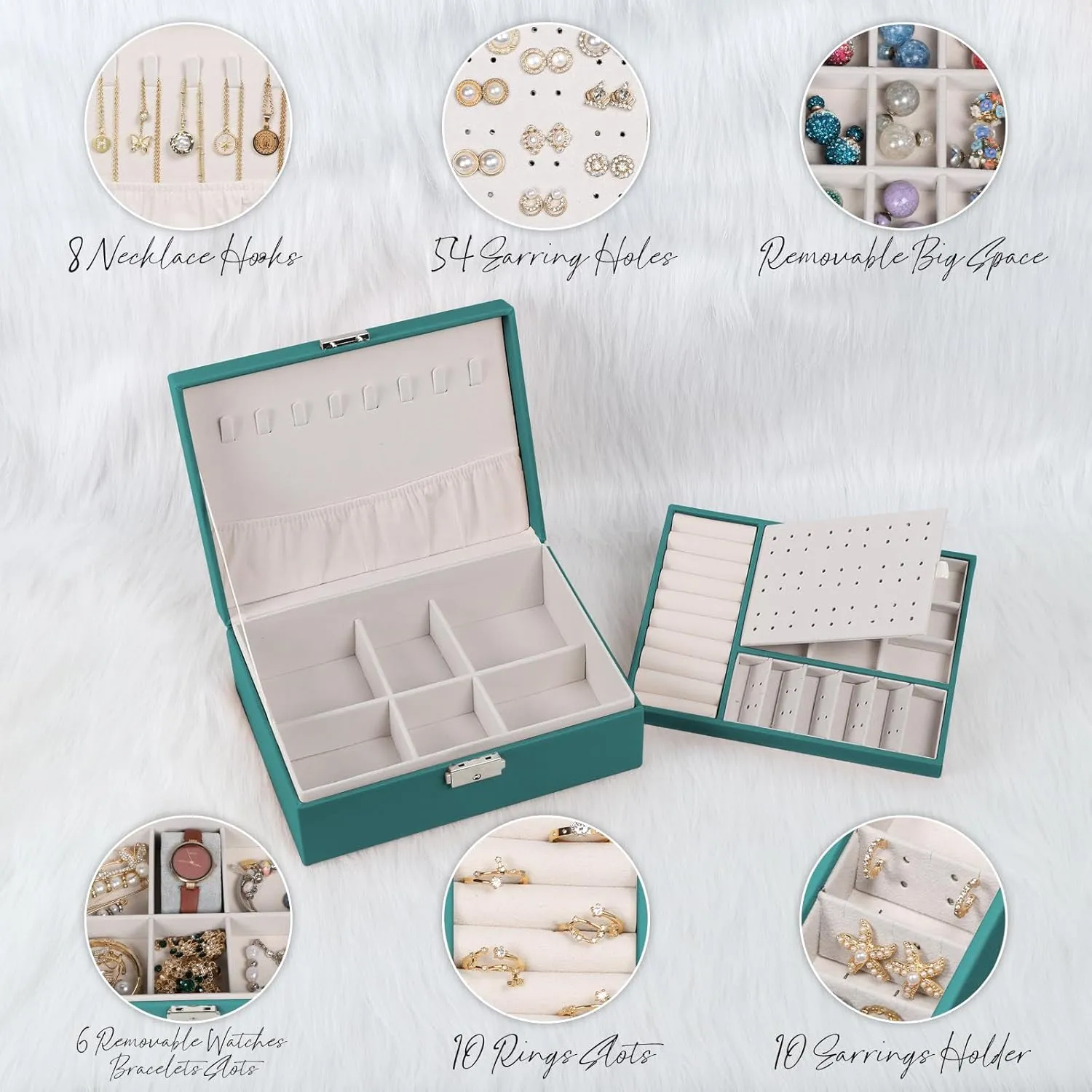 Jewelry Box for Women Girls, 2 Layers Jewelry Organizer Container with Lock, PU Leather Storage Case with Removable Tray, Jewelry Display Box for Necklaces Earrings Bracelets Rings Watches (Green)