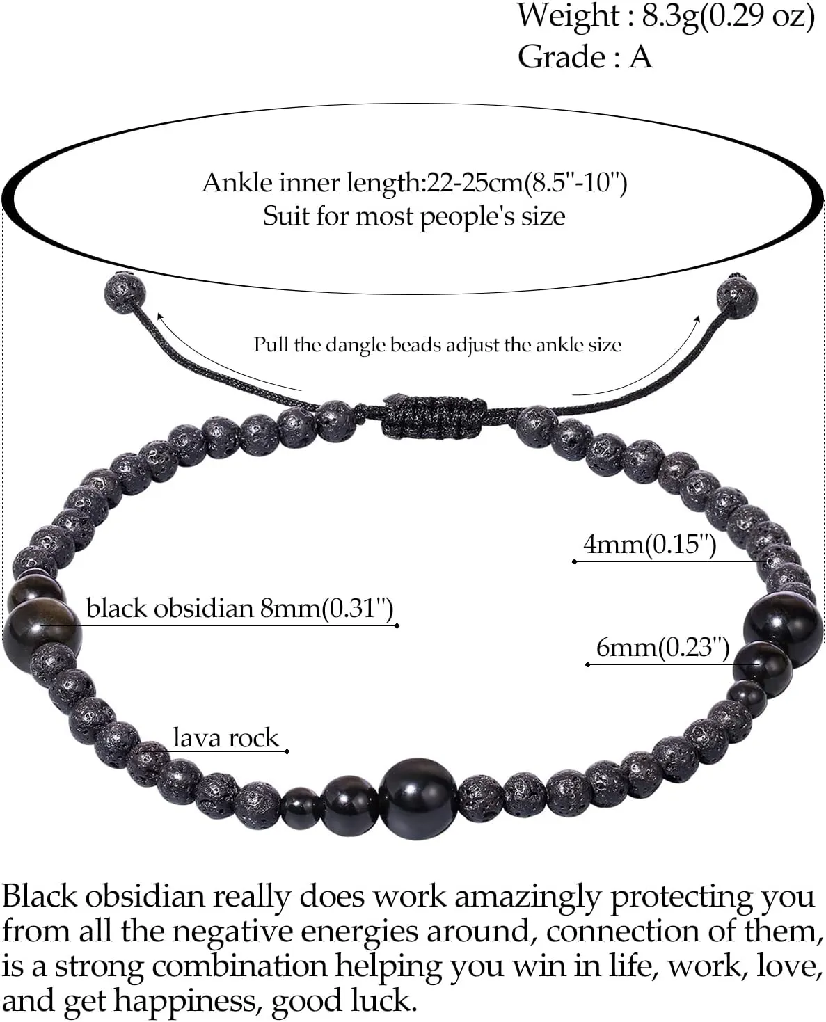 Jewever Lava Rock/Crystals and Gemstones Anklet Bracelet for Women Beach Foot Essential Oil Diffusers Cord Adjustable (8.5-10 Inches)