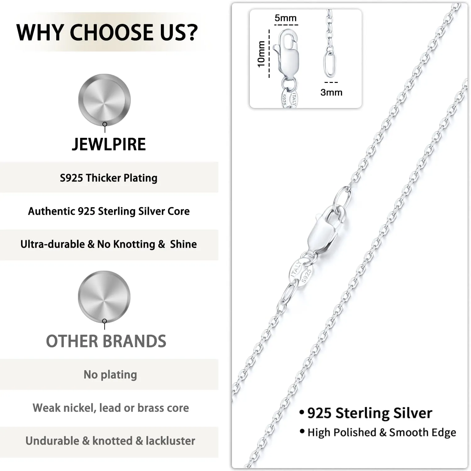 Jewlpire Italian 1.1mm 1.2mm Cable Chain 925 Sterling Silver Chain Necklace for Women, 14K Plated Gold Chain for Women Sturdy Women's Chain Necklaces, 14 16 18 20 22 24 Inch