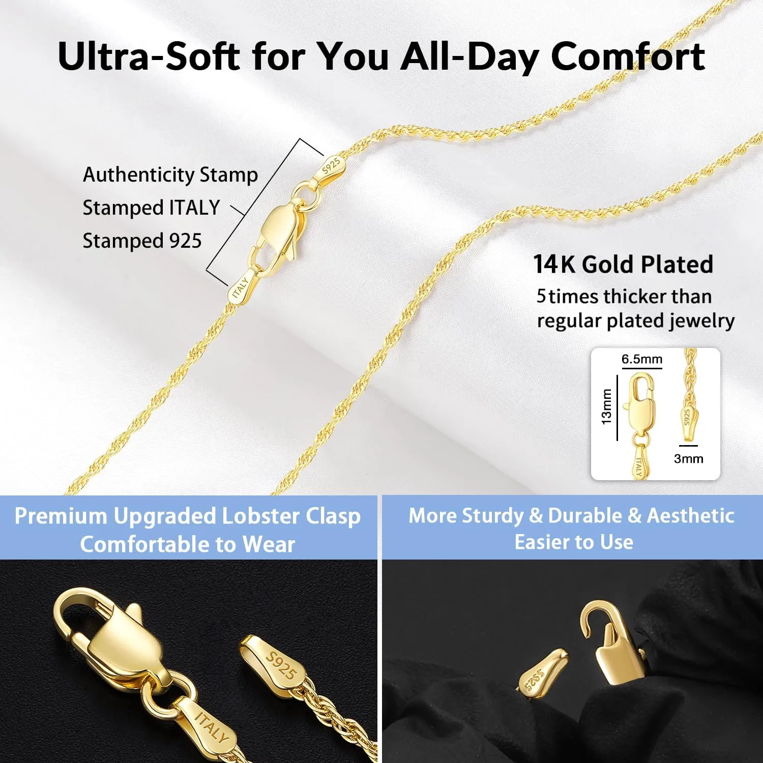 Jewlpire Italian 1.35mm Rope Chain 925 Sterling Silver Chain Necklace for Women, 14K Plated Gold Chain for Women Soft & Sturdy Women's Chain Necklaces, 16 18 20 22 24 26 Inch