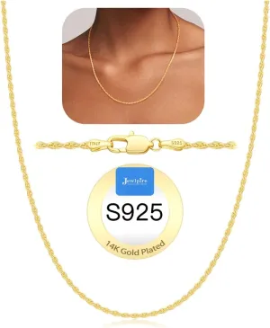 Jewlpire Italian 1.35mm Rope Chain 925 Sterling Silver Chain Necklace for Women, 14K Plated Gold Chain for Women Soft & Sturdy Women's Chain Necklaces, 16 18 20 22 24 26 Inch