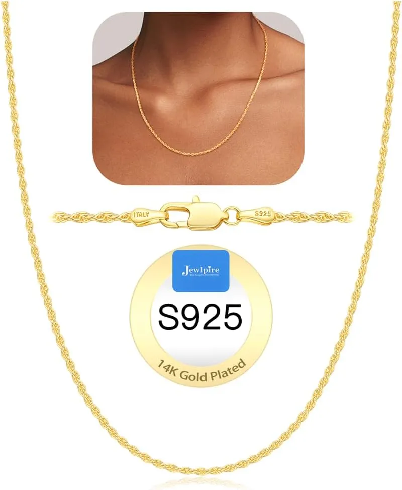 Jewlpire Italian 1.35mm Rope Chains 925 Sterling Silver Chain Necklace for Women, 14K Plated Gold Chain for Women Soft & Sturdy Women's Chains Necklaces, 16 18 20 22 24 26 Inch