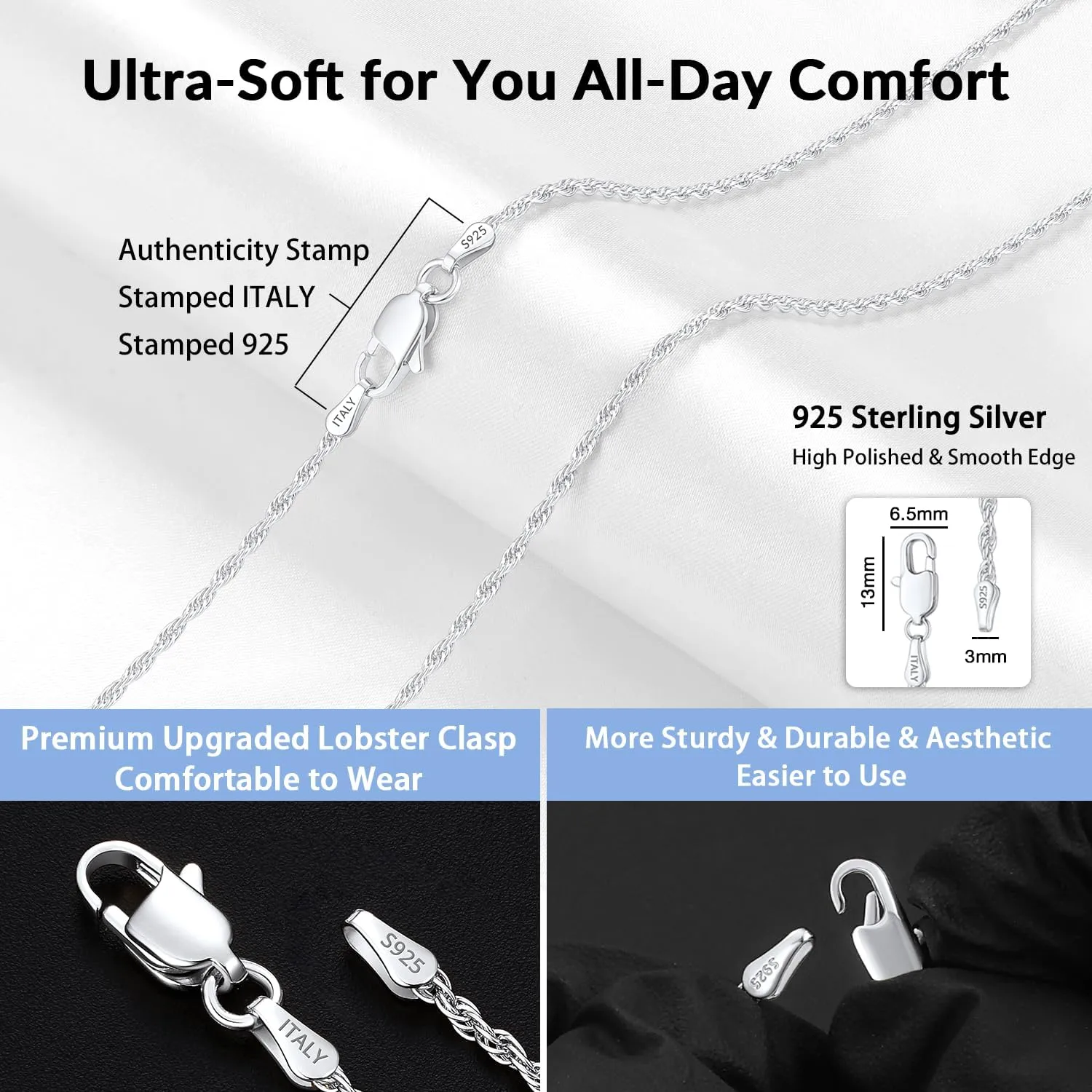 Jewlpire Italian 1.35mm Rope Chains 925 Sterling Silver Chain Necklace for Women, 14K Plated Gold Chain for Women Soft & Sturdy Women's Chains Necklaces, 16 18 20 22 24 26 Inch