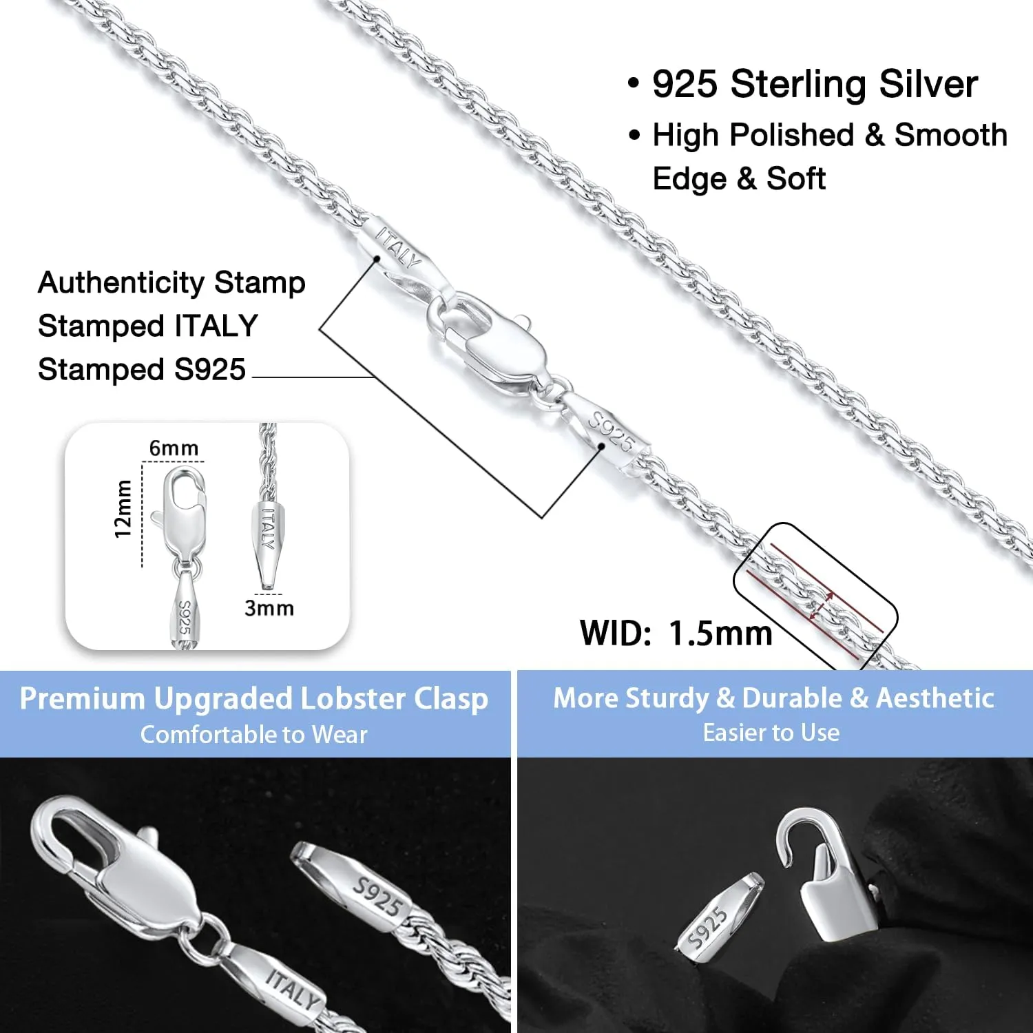 Jewlpire Italian 14K Real Gold Over 925 Sterling Silver Chain Necklace for Women Men, 1.5mm Rope Chain Dainty & Sturdy Women's Chain Necklaces 16 18 20 22 24 26 Inch
