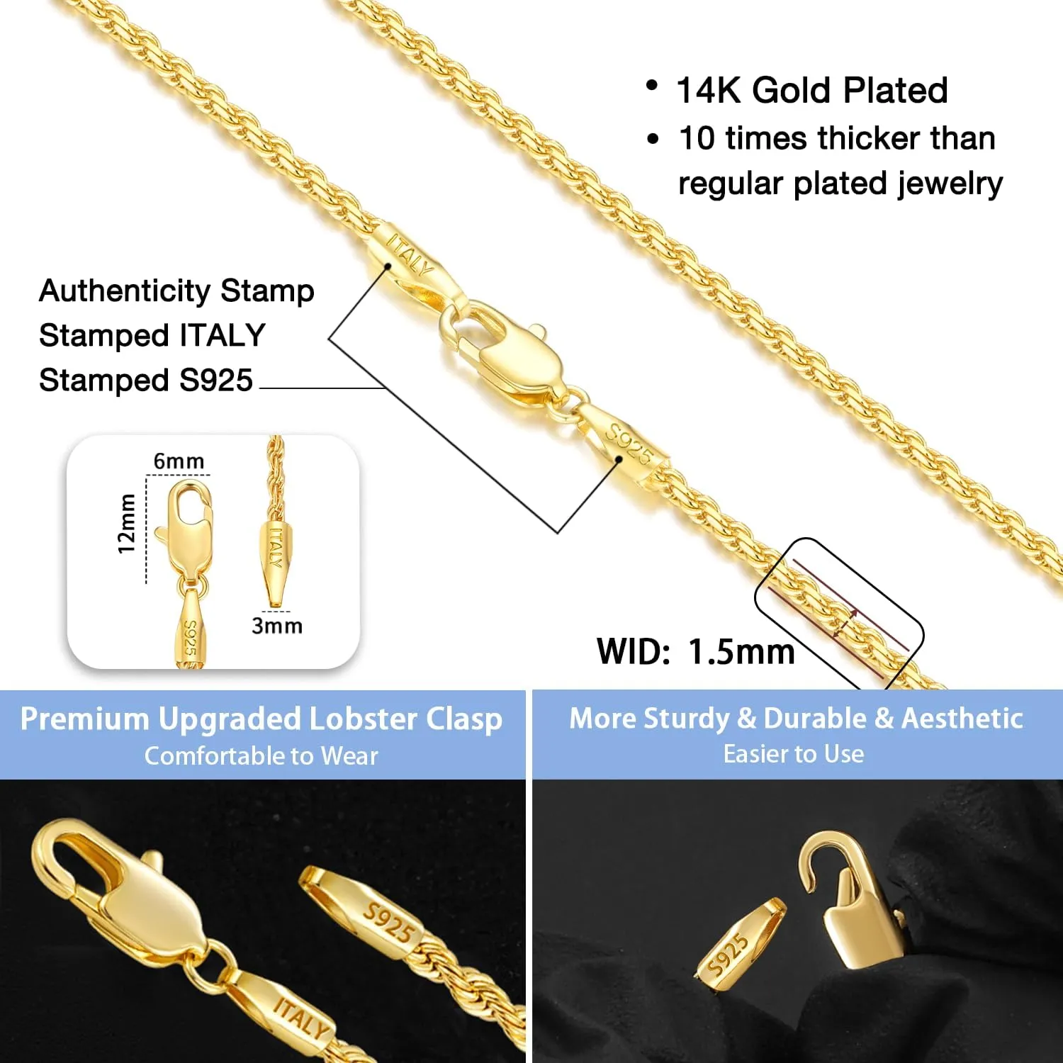 Jewlpire Italian 14K Real Gold Over 925 Sterling Silver Chain Necklace for Women Men, 1.5mm Rope Chain Dainty & Sturdy Women's Chain Necklaces 16 18 20 22 24 26 Inch