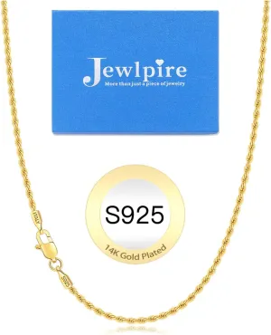 Jewlpire Italian 14K Real Gold Over 925 Sterling Silver Chain Necklace for Women Men, 1.5mm Rope Chain Dainty & Sturdy Women's Chain Necklaces 16 18 20 22 24 26 Inch