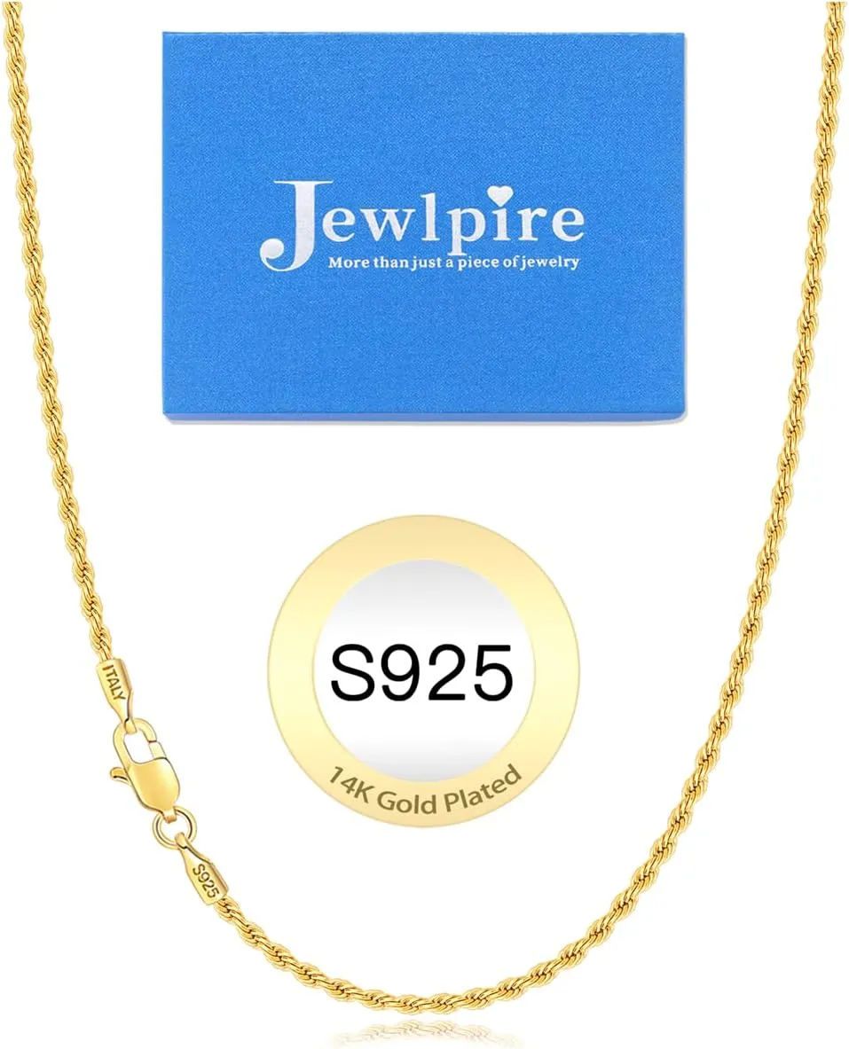 Jewlpire Italian 14K Real Gold Over 925 Sterling Silver Chain Necklace for Women Men, 1.5mm Rope Chain Dainty & Sturdy Women's Chain Necklaces 16 18 20 22 24 26 Inch