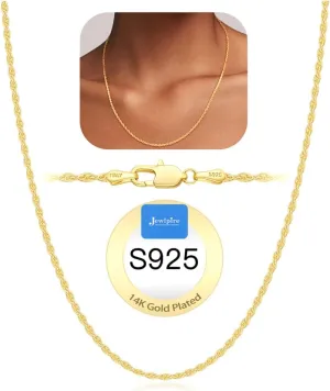 Jewlpire Italian 1.5mm Rope Chain 925 Sterling Silver Chain Necklace for Women, 14K Plated Gold Chain for Women Dainty & Sturdy Women's Chain Necklaces, 16 18 20 22 24 26 Inch