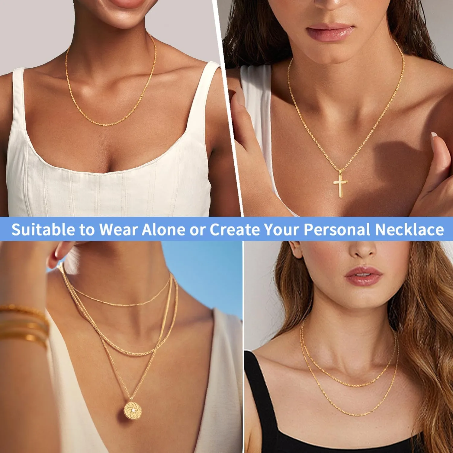 Jewlpire Italian 1.5mm Rope Chain 925 Sterling Silver Chain Necklace for Women, 14K Plated Gold Chain for Women Dainty & Sturdy Women's Chain Necklaces, 16 18 20 22 24 26 Inch