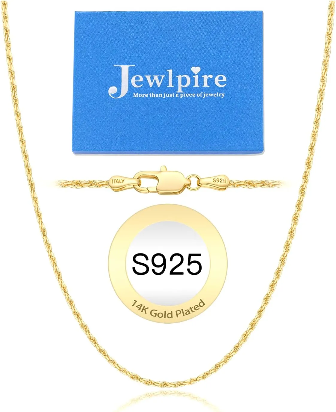 Jewlpire Italian 1.5mm Rope Chain 925 Sterling Silver Chain Necklace for Women Men, 14K Gold Chain for Women Sturdy Women's Chain Necklaces, 16 18 20 22 24 26 Inch