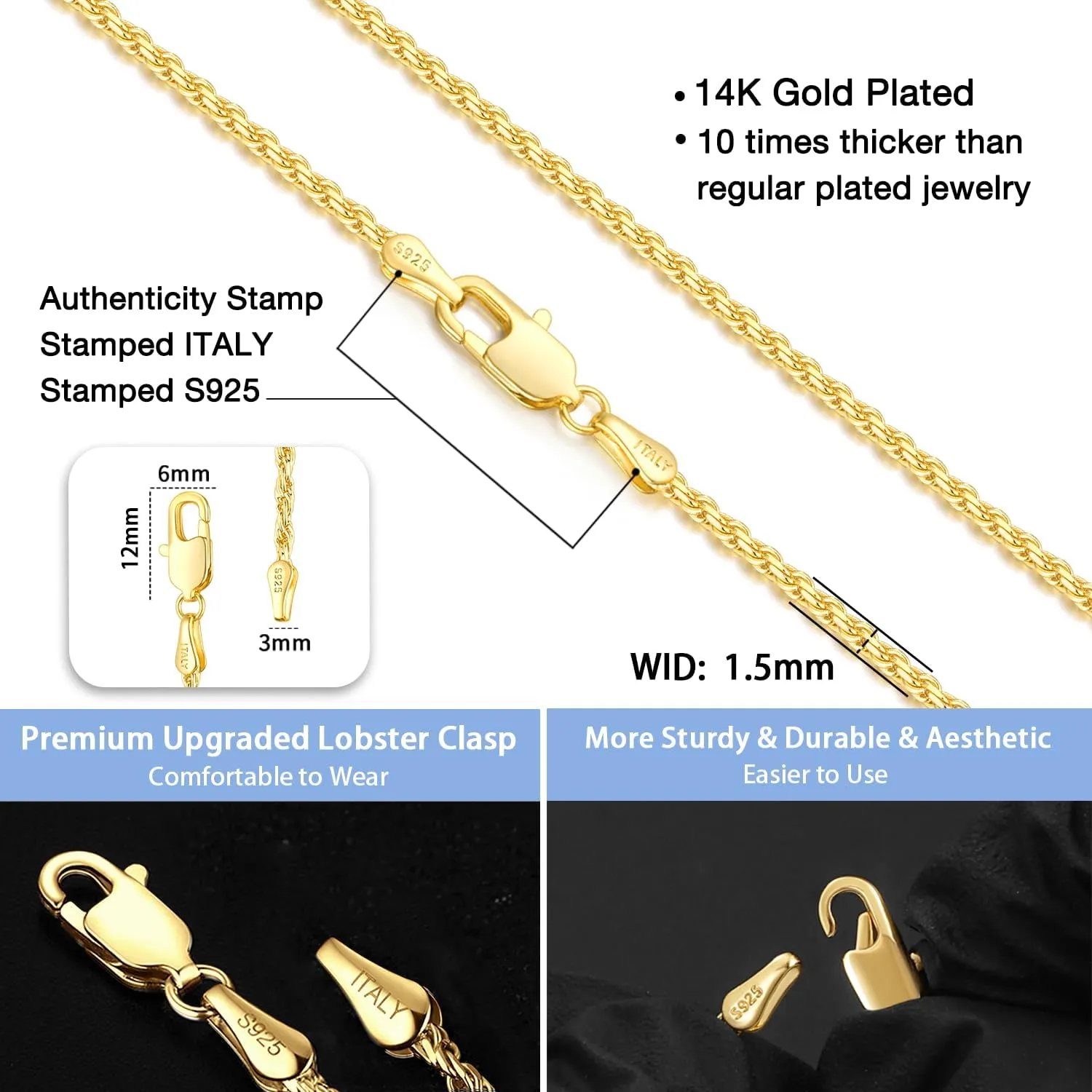 Jewlpire Italian 1.5mm Rope Chain 925 Sterling Silver Chain Necklace for Women Men, 14K Gold Chain for Women Sturdy Women's Chain Necklaces, 16 18 20 22 24 26 Inch