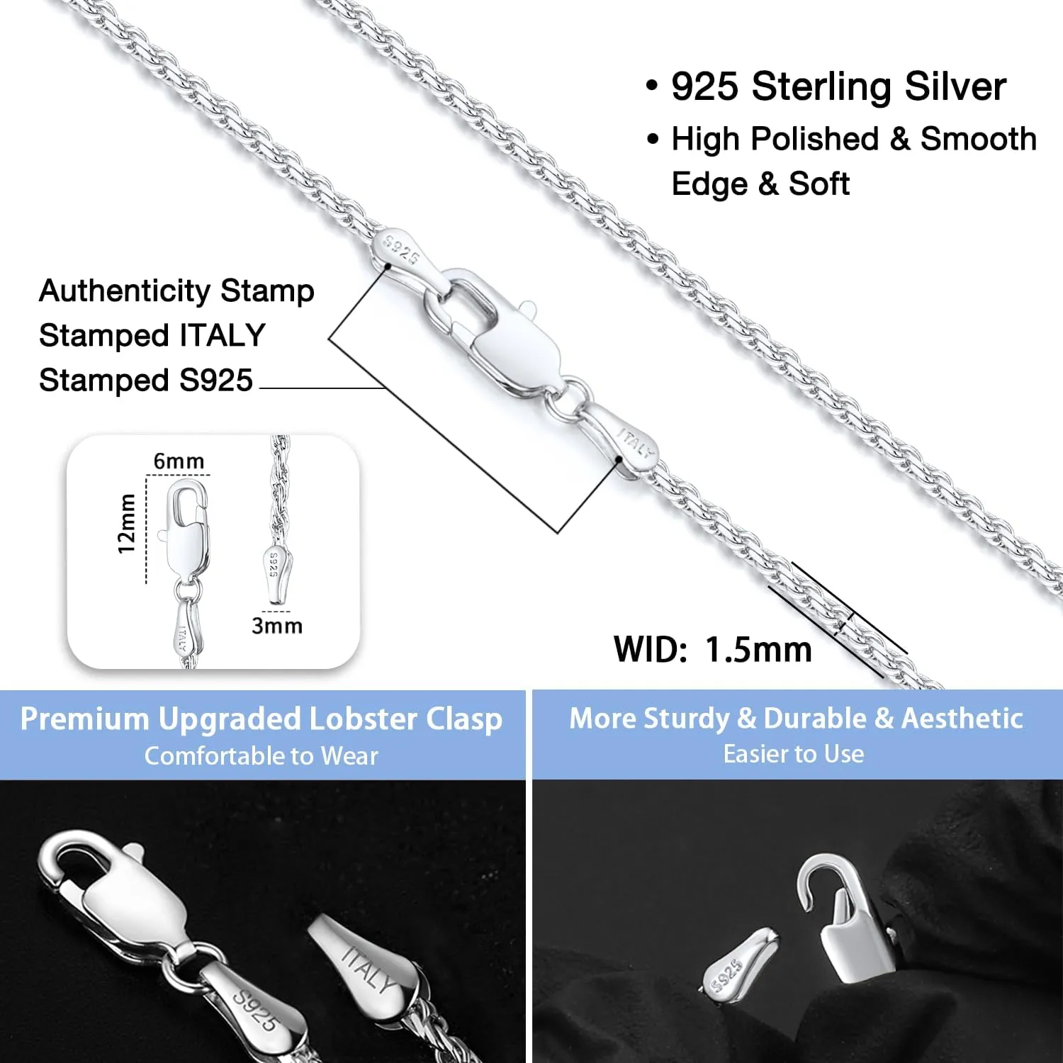Jewlpire Italian 1.5mm Rope Chain 925 Sterling Silver Chain Necklace for Women Men, 14K Gold Chain for Women Sturdy Women's Chain Necklaces, 16 18 20 22 24 26 Inch