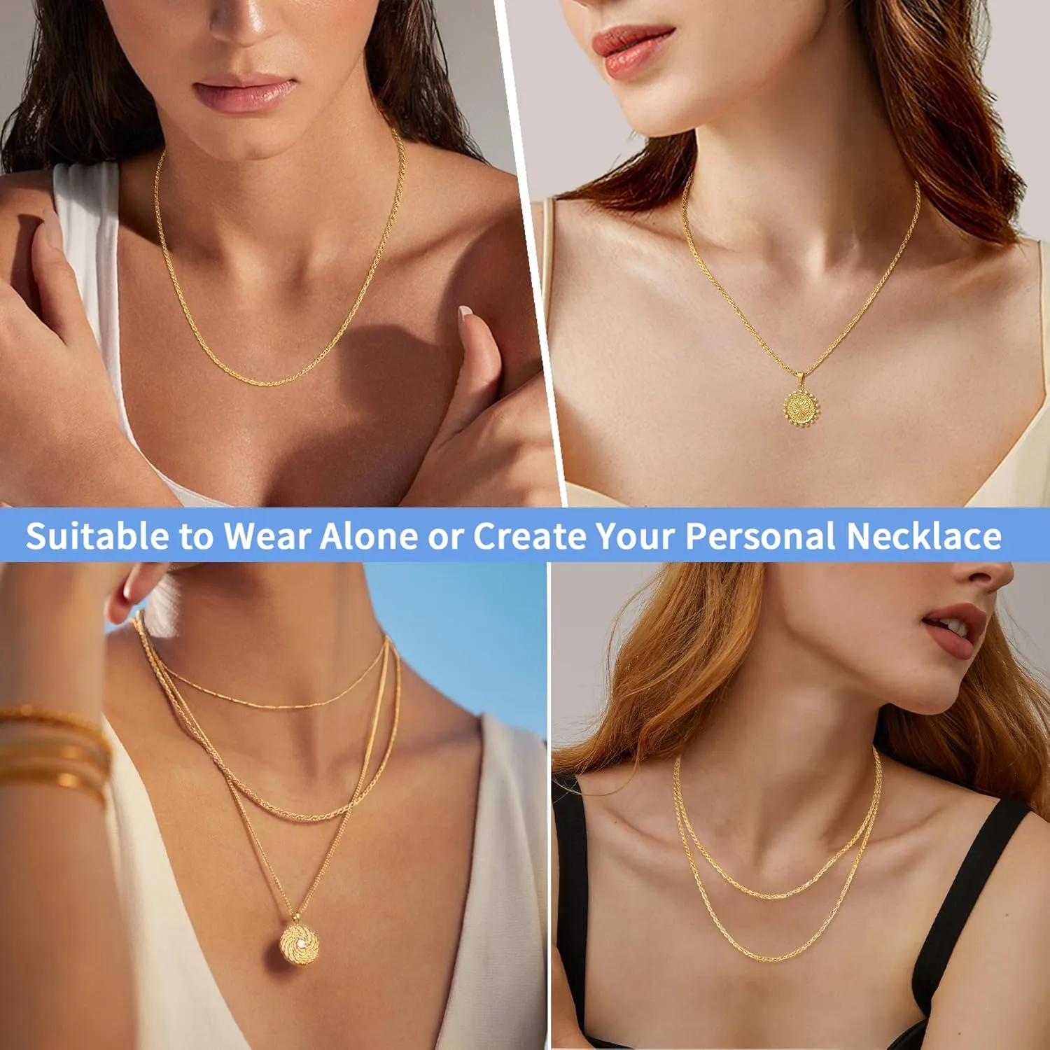 Jewlpire Italian 2mm Rope Chain 925 Sterling Silver Chain Necklace for Women Men, 14K Plated Gold Chain for Women Sturdy Women's Chain Necklaces, 16 18 20 22 24 26 Inch
