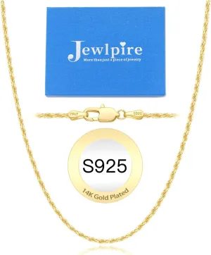Jewlpire Italian 2mm Rope Chain 925 Sterling Silver Chain Necklace for Women Men, 14K Plated Gold Chain for Women Sturdy Women's Chain Necklaces, 16 18 20 22 24 26 Inch