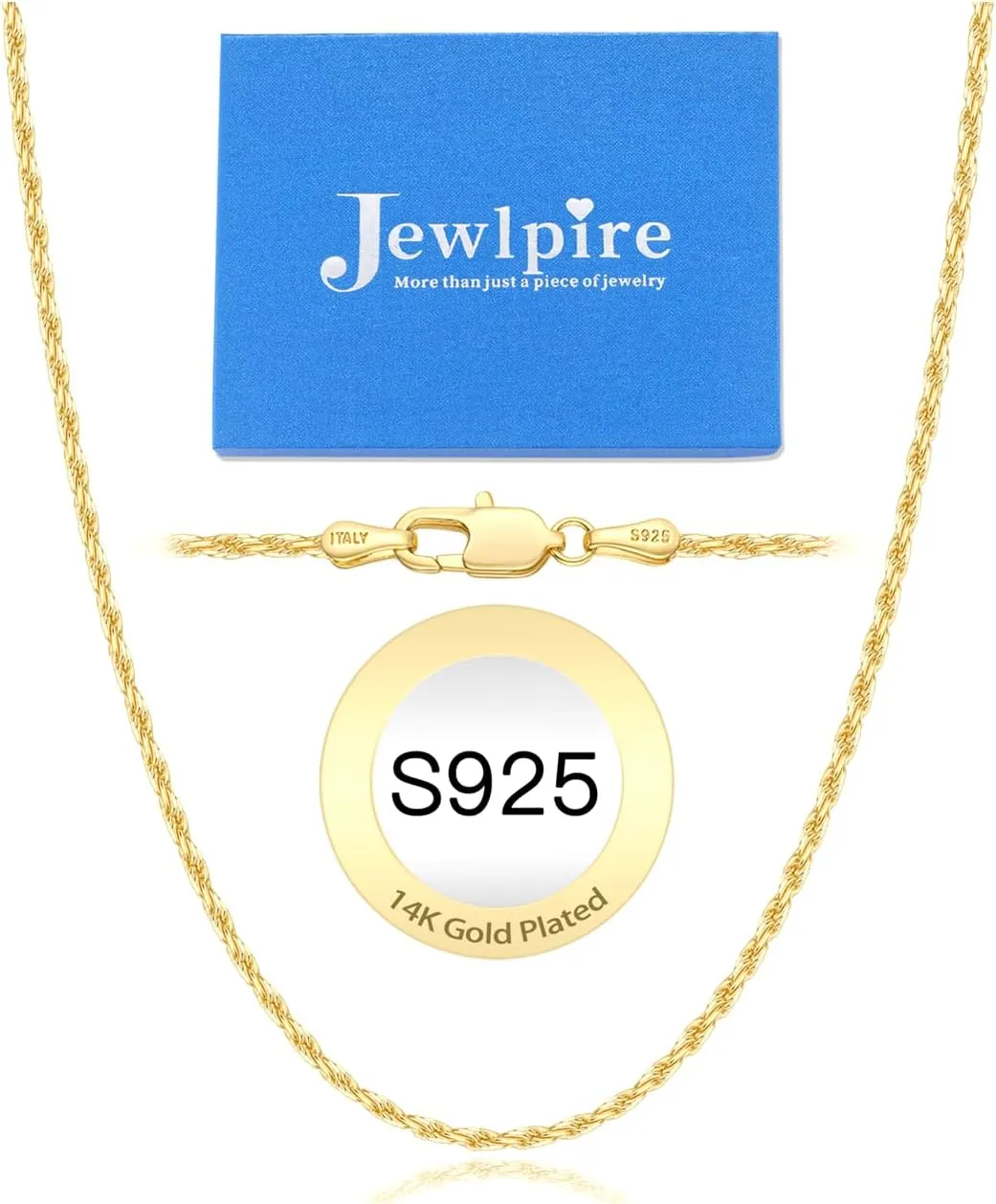 Jewlpire Italian 2mm Rope Chain 925 Sterling Silver Chain Necklace for Women Men, 14K Plated Gold Chain for Women Sturdy Women's Chain Necklaces, 16 18 20 22 24 26 Inch