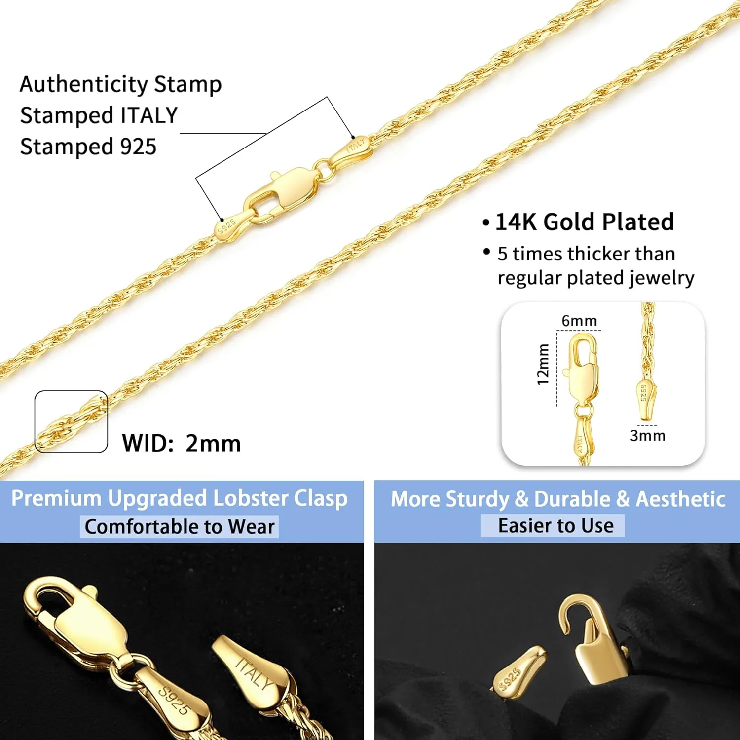 Jewlpire Italian 2mm Rope Chain 925 Sterling Silver Chain Necklace for Women Men, 14K Plated Gold Chain for Women Sturdy Women's Chain Necklaces, 16 18 20 22 24 26 Inch