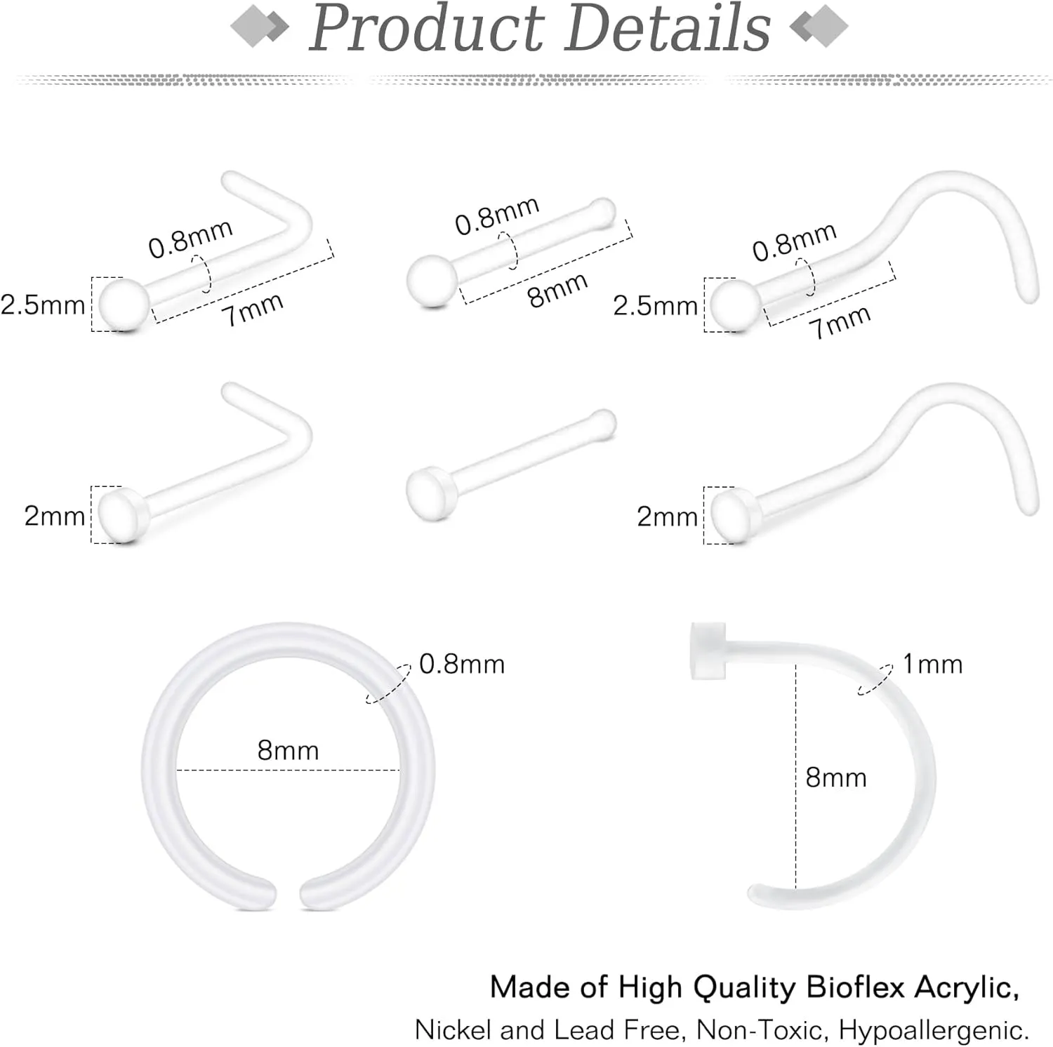 JFORYOU 18-20G Clear Acrylic Nose Ring Bioflex Stud Retainer Nose Piercing Body Jewelry for Men Women