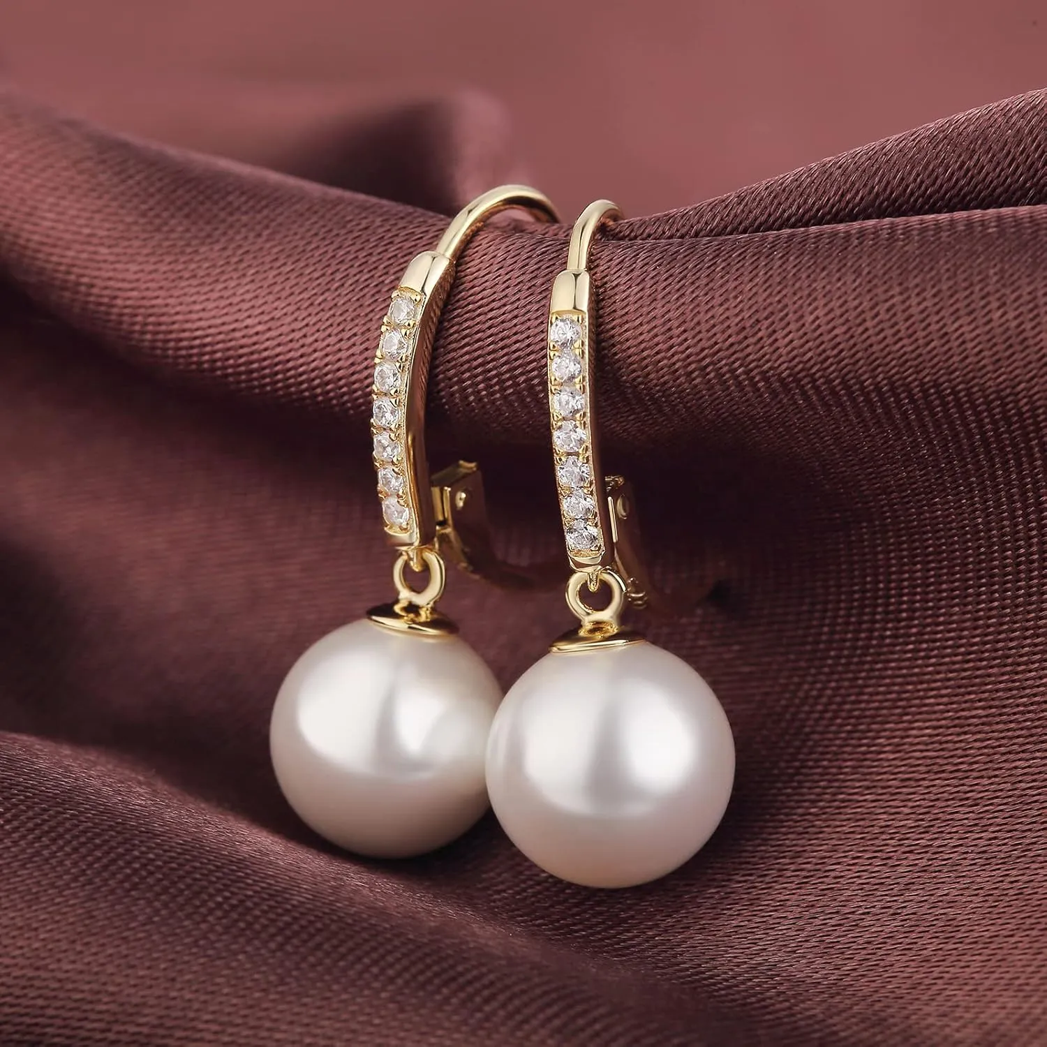 Jiamiao Sterling Silver Pearl Drop Earrings - 10mm Black/Pearl and Diamond Dangle Leverback Earrings for Women