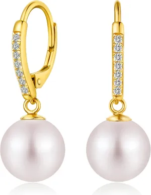 Jiamiao Sterling Silver Pearl Drop Earrings - 10mm Black/Pearl and Diamond Dangle Leverback Earrings for Women