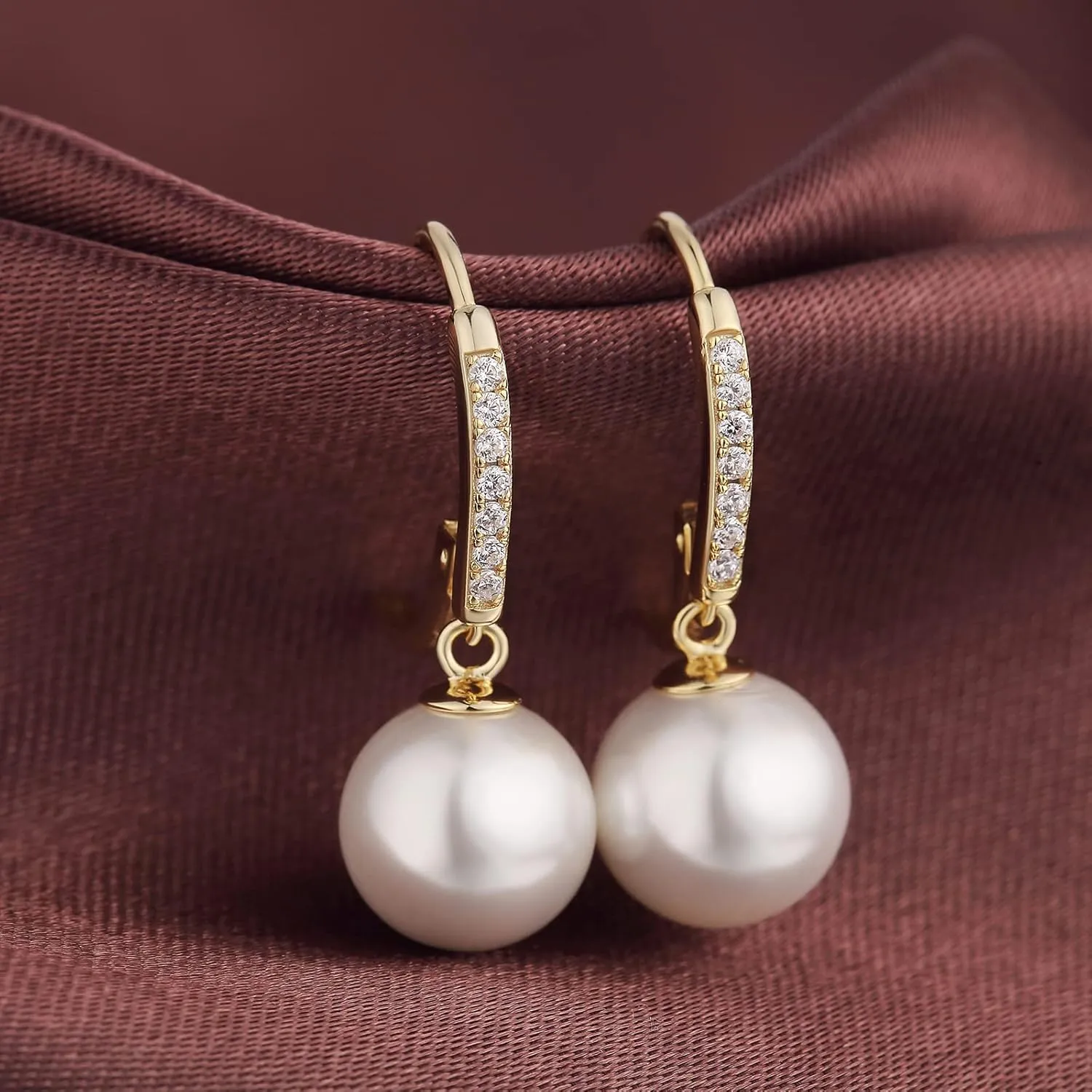 Jiamiao Sterling Silver Pearl Drop Earrings - 10mm Black/Pearl and Diamond Dangle Leverback Earrings for Women