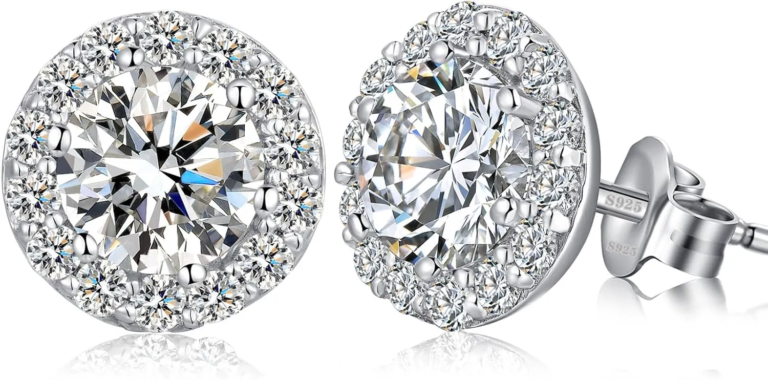 Jiamiaoi 18K White Gold Plated 3.5 Carats Round Halo Earrings 925 Sterling Silver Solitaire Stud Earrings for Women, Sparkle 5A  Cubic Zirconia Earrings Studs CZ Diamond Stud Earrings Jewelry for Women
