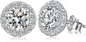 Jiamiaoi 18K White Gold Plated 3.5 Carats Round Halo Earrings 925 Sterling Silver Solitaire Stud Earrings for Women, Sparkle 5A  Cubic Zirconia Earrings Studs CZ Diamond Stud Earrings Jewelry for Women