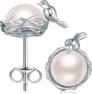Jiamiaoi Cat Pearl Earrings Sterling Silver Fresh Water Pearl Earrings 7.5MM-8MM, Cute Cat Earrings Silver Cat Jewelry for Women,Lovely Animal Jewelry, Come with Gift Box