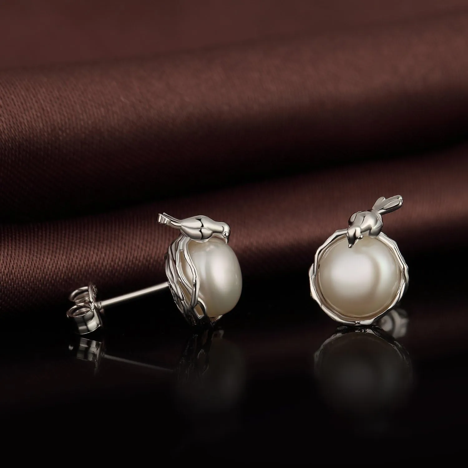 Jiamiaoi Cat Pearl Earrings Sterling Silver Fresh Water Pearl Earrings 7.5MM-8MM, Cute Cat Earrings Silver Cat Jewelry for Women,Lovely Animal Jewelry, Come with Gift Box