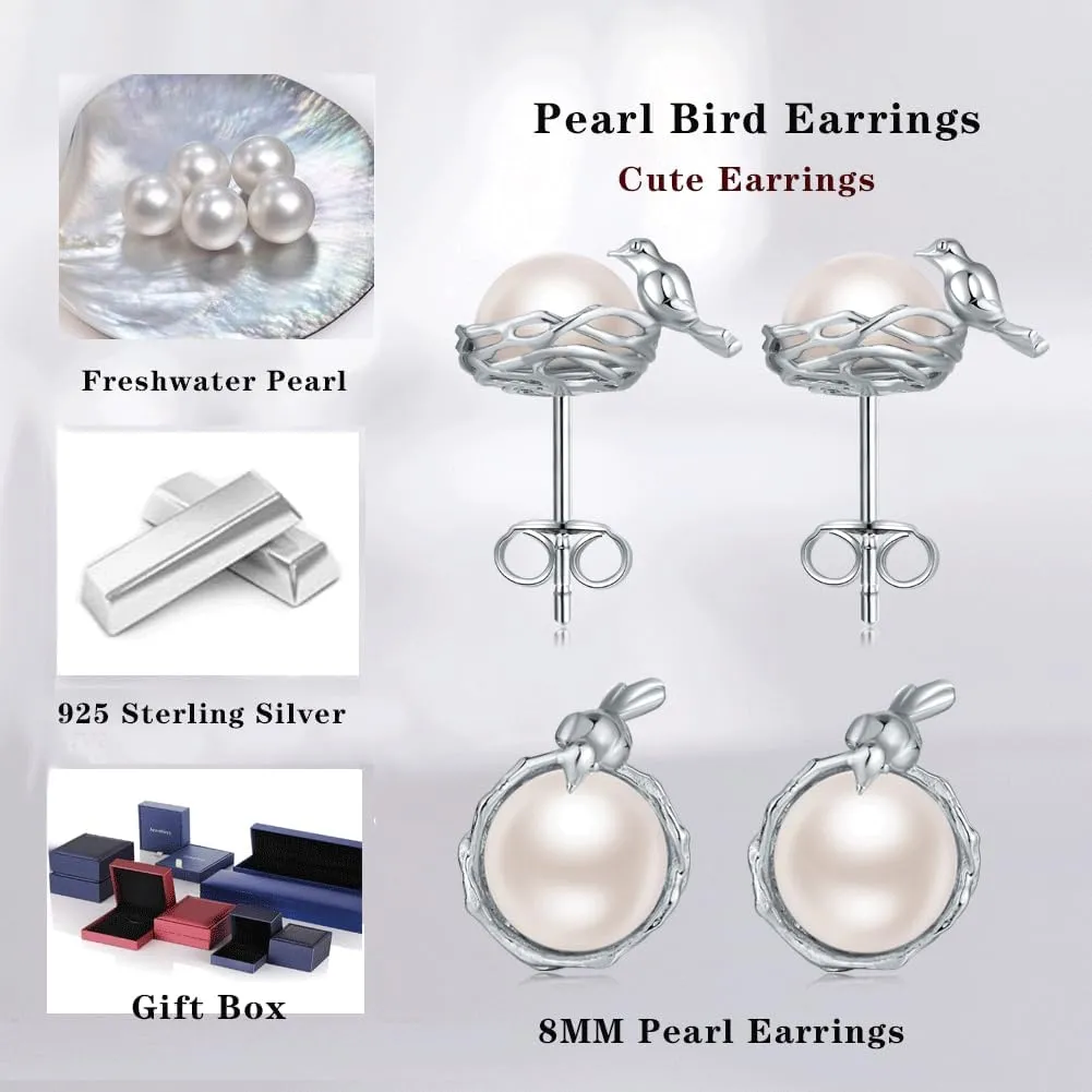 Jiamiaoi Cat Pearl Earrings Sterling Silver Fresh Water Pearl Earrings 7.5MM-8MM, Cute Cat Earrings Silver Cat Jewelry for Women,Lovely Animal Jewelry, Come with Gift Box