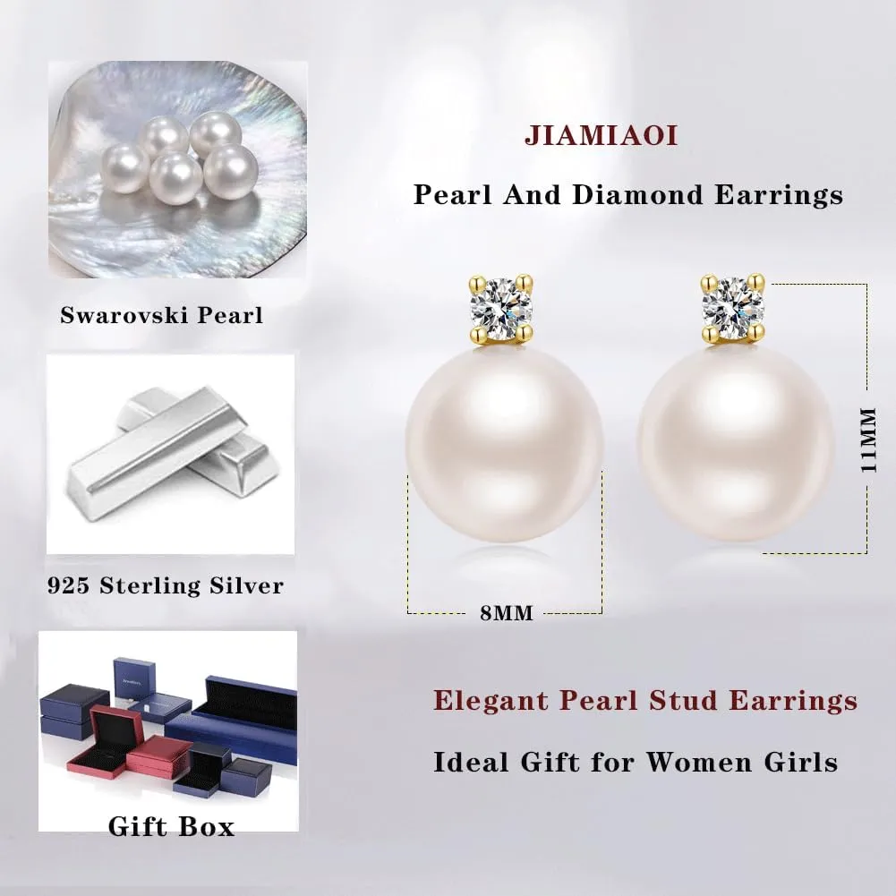 Jiamiaoi Pearl Stud Earrings for Women Pearl and Diamond Stud Earrings 6mm-13mm Big Pearl Earrings Hypoallergenic Pearl Diamond Earrings Studs Come with Gift Box