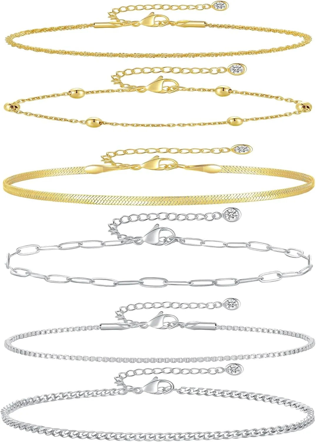 Jinxiuge Gold Ankle Bracelets for Women Dainty 14k Gold Plated Waterproof Cuban Link Chain Anklets Set Layered Anklet Bracelets for Women Teen Beach Gift Adjustable Size 6 Pcs