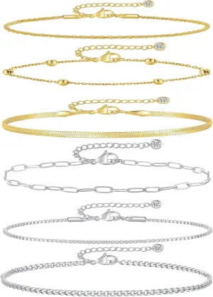 Jinxiuge Gold Ankle Bracelets for Women Dainty 14k Gold Plated Waterproof Cuban Link Chain Anklets Set Layered Anklet Bracelets for Women Teen Beach Gift Adjustable Size 6 Pcs