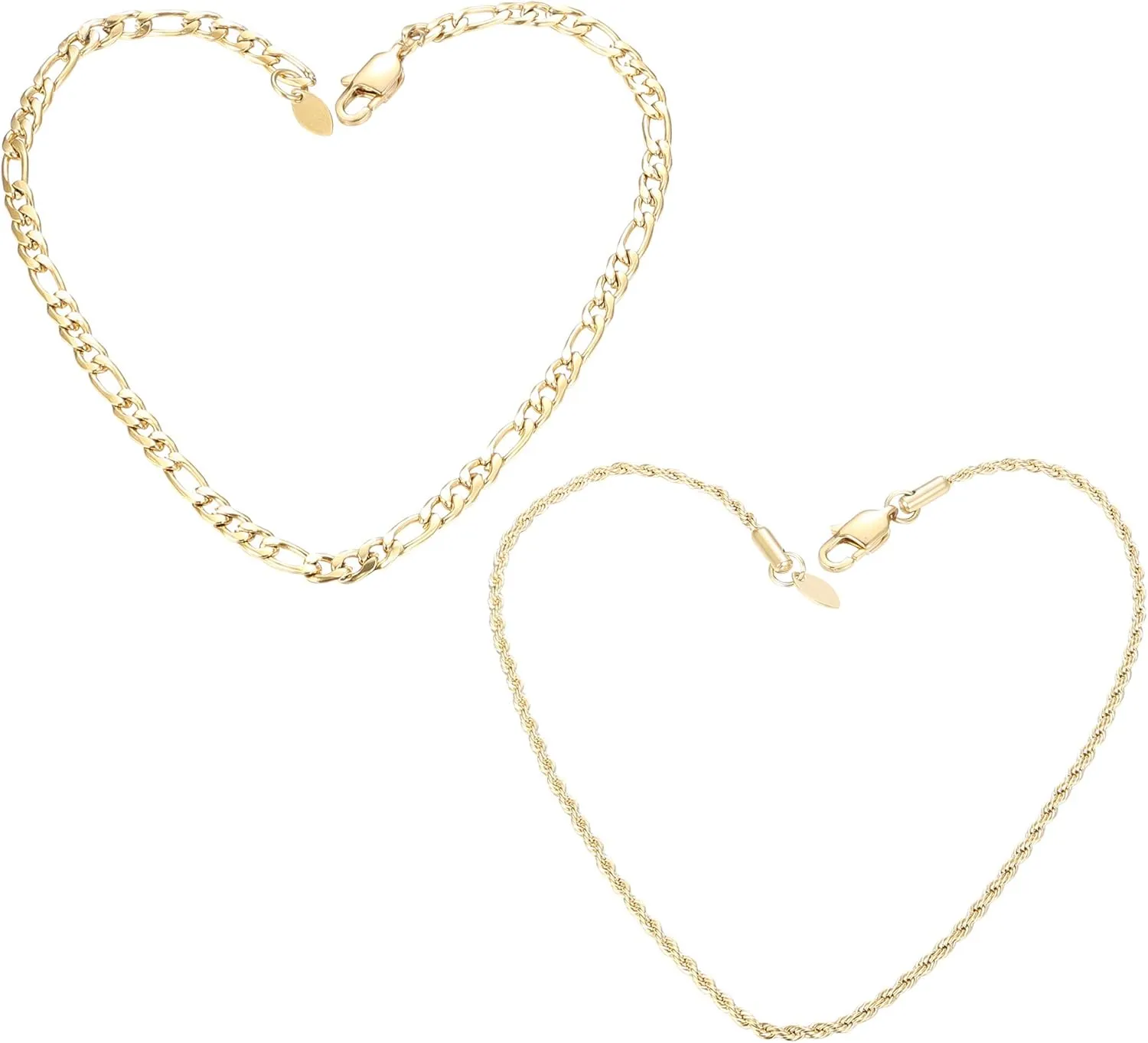 JOERICA 2 Pcs Gold Chain Anklet Bracelet for Men Women Rope Figaro Chain Foot Anklets Stainless Steel Link Set for Beach or Party Foot Jewelry