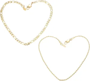 JOERICA 2 Pcs Gold Chain Anklet Bracelet for Men Women Rope Figaro Chain Foot Anklets Stainless Steel Link Set for Beach or Party Foot Jewelry