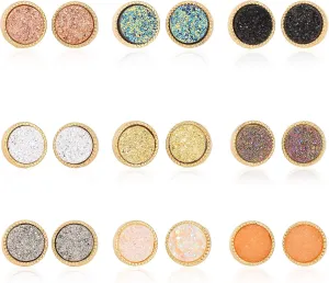 JOYAGIFT Resin Druzy Stud Earrings for Women Fashion Hypoallergenic Geometry Shiny Crystal Druse Stud Earrings Set