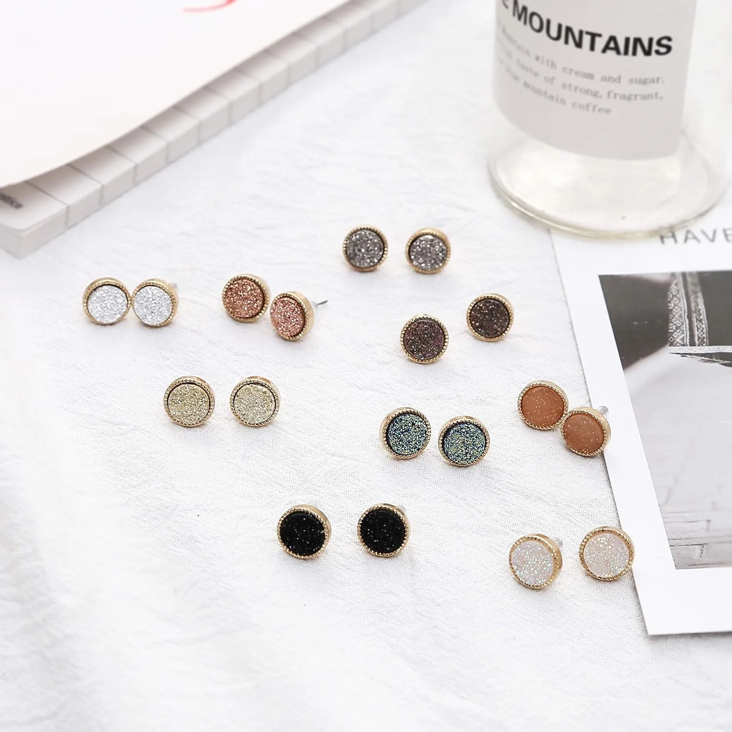 JOYAGIFT Resin Druzy Stud Earrings for Women Fashion Hypoallergenic Geometry Shiny Crystal Druse Stud Earrings Set